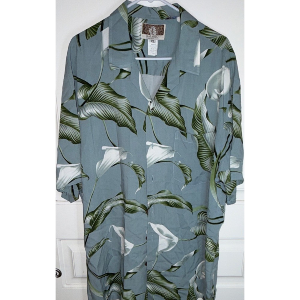 Kalaheo Floral‎ Hawaiian Blue Green White Button-Up Shirt Short Sleeve XL Men